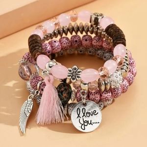 Pink and Brown Beaded Bracelet Set
